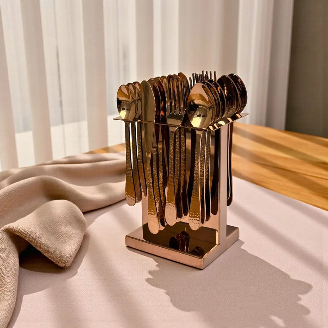 Harmiche Handbeaten Rose Gold Cutlery Set with Stand (24 Pc) Stainless Steel Flatware Set for 6