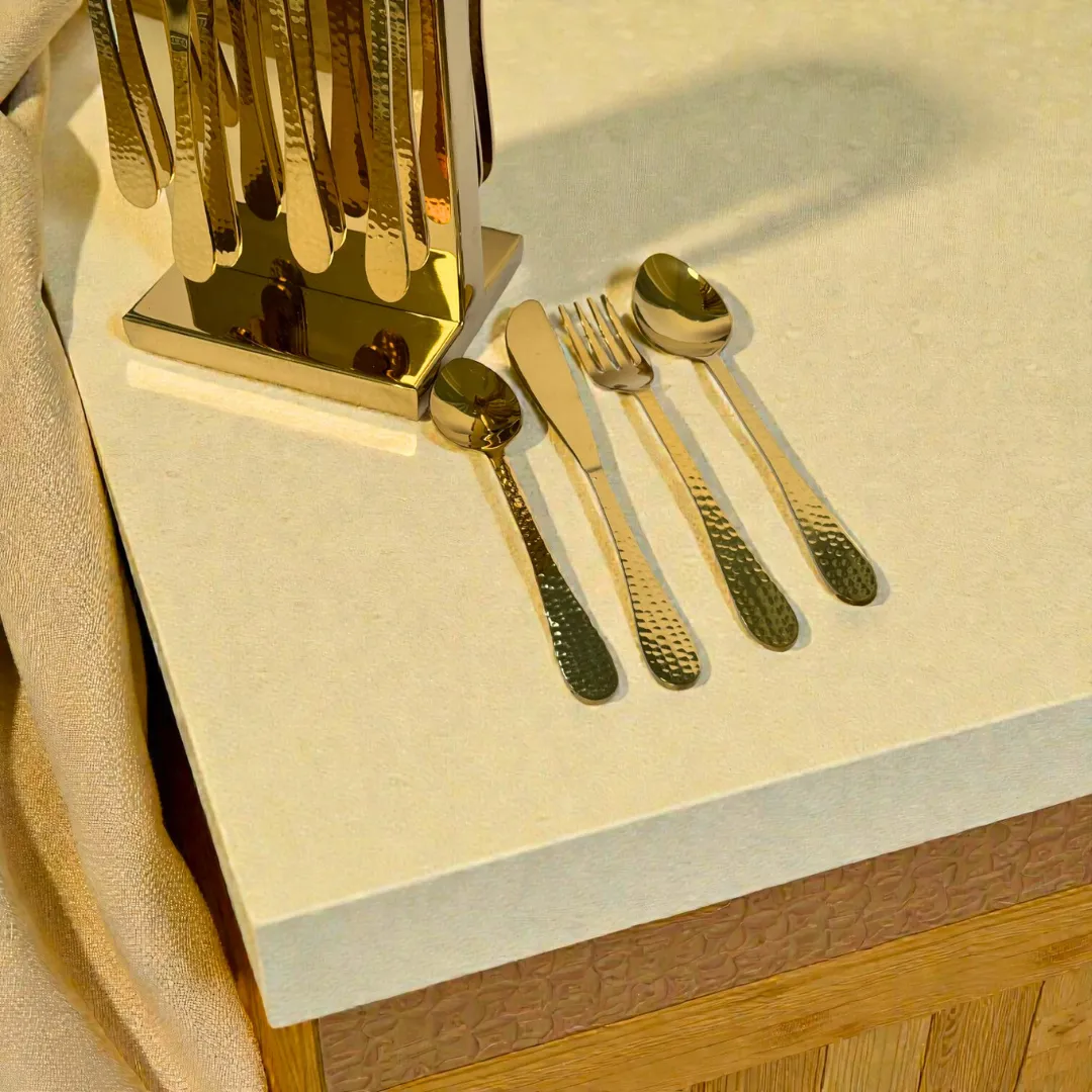 Harmiche Handbeaten Gold Cutlery Set with Stand (24 Pc) Stainless Steel Flatware Set for 6 | Spoons Forks Knives Teaspoons