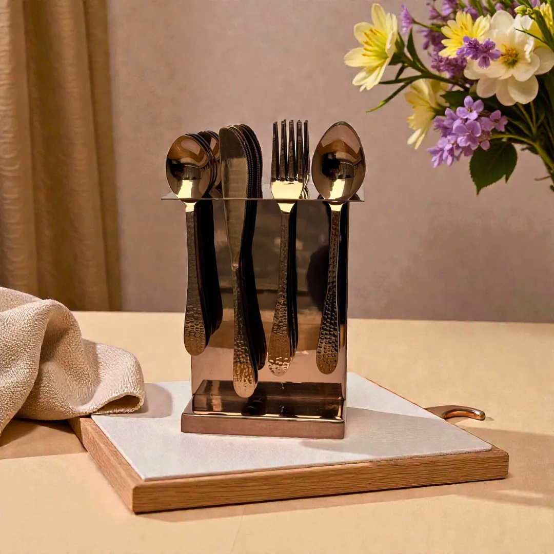 Harmiche Handbeaten Rose Gold Cutlery Set with Stand (24 Pc) Stainless Steel Flatware Set for 6