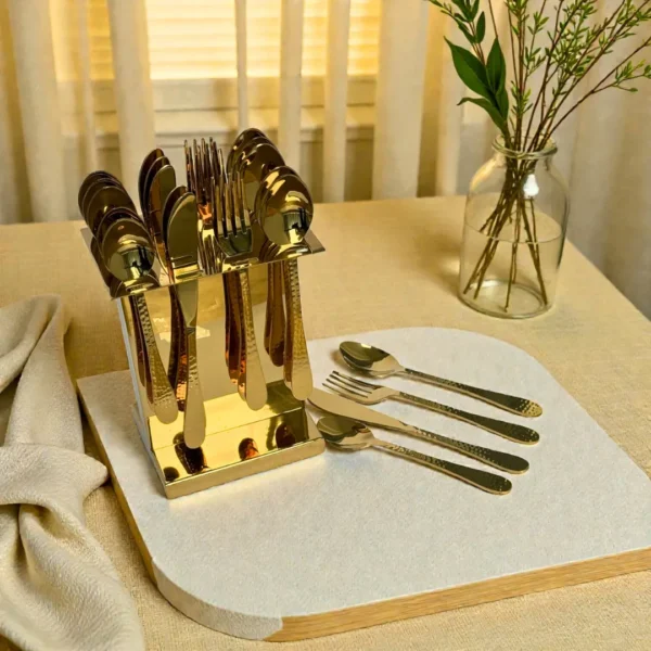 Harmiche Handbeaten Gold Cutlery Set with Stand (24 Pc) Stainless Steel Flatware Set for 6 | Spoons Forks Knives Teaspoons