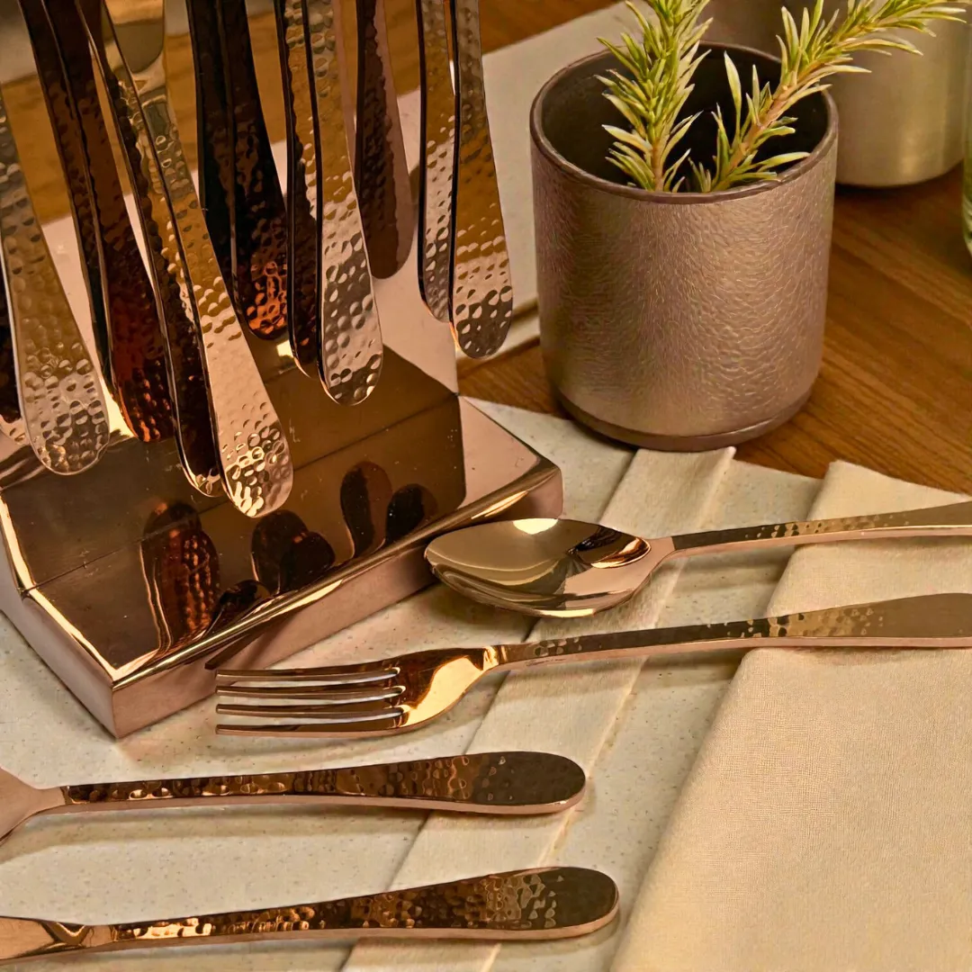Harmiche Handbeaten Rose Gold Cutlery Set with Stand (24 Pc) Stainless Steel Flatware Set for 6
