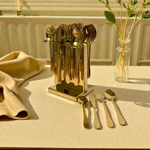 Harmiche Handbeaten Gold Cutlery Set with Stand (24 Pc) Stainless Steel Flatware Set for 6 | Spoons Forks Knives Teaspoons