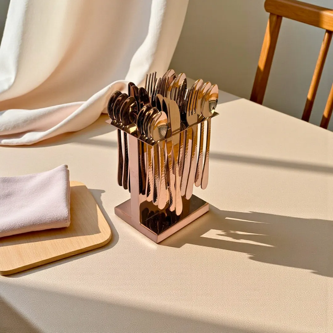 Harmiche Handbeaten Rose Gold Cutlery Set with Stand (24 Pc) Stainless Steel Flatware Set for 6