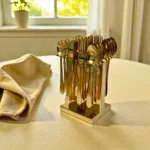 Harmiche Elan Handbeaten Gold Cutlery Set with Stand (24 Pc) Stainless Steel Flatware Set for 6 | Spoons Forks Knives Teaspoons