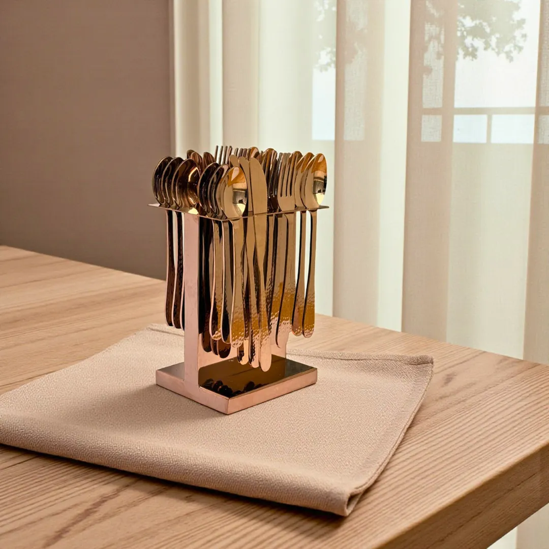 Harmiche Elan Handbeaten Rose Gold Cutlery Set with Stand (24 Pc) Stainless Steel Flatware Set for 6