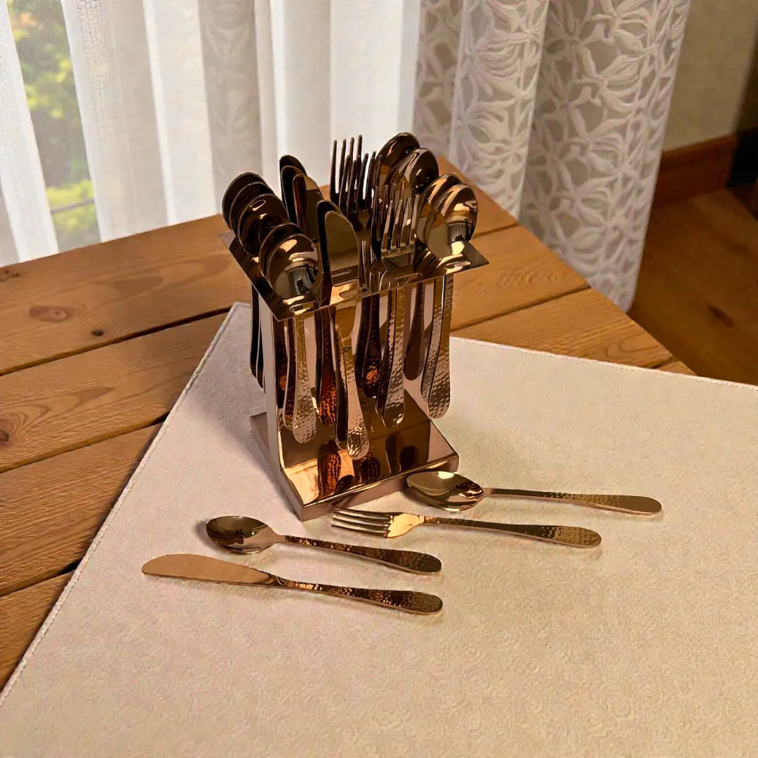Harmiche Handbeaten Rose Gold Cutlery Set with Stand (24 Pc) Stainless Steel Flatware Set for 6