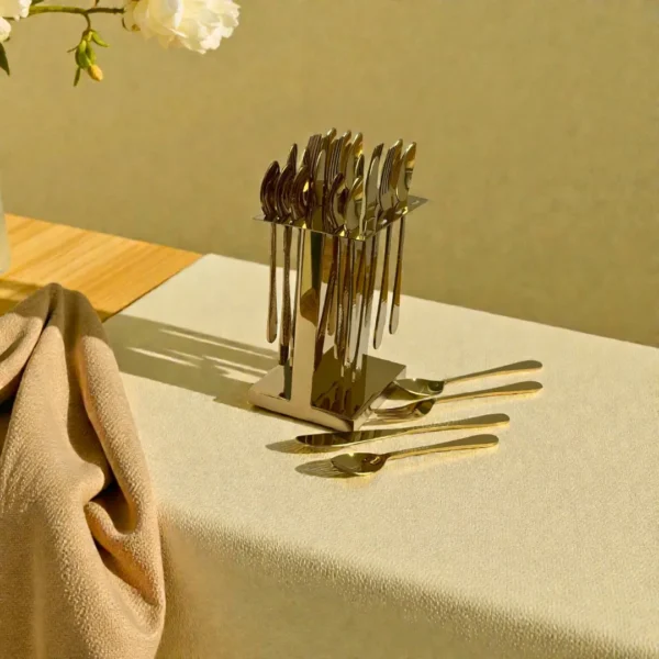 Harmiche Handbeaten Gold Cutlery Set with Stand (24 Pc) Stainless Steel Flatware Set for 6 | Spoons Forks Knives Teaspoons