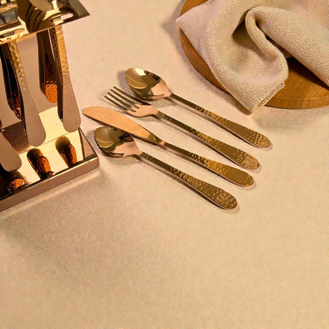Harmiche Handbeaten Rose Gold Cutlery Set with Stand (24 Pc) Stainless Steel Flatware Set for 6