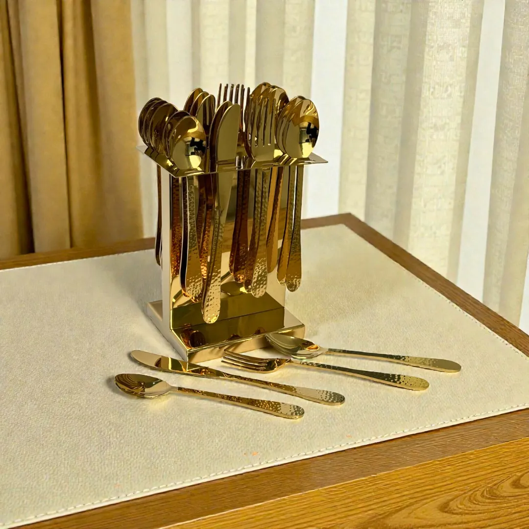 Harmiche Handbeaten Gold Cutlery Set with Stand (24 Pc) Stainless Steel Flatware Set for 6 | Spoons Forks Knives Teaspoons