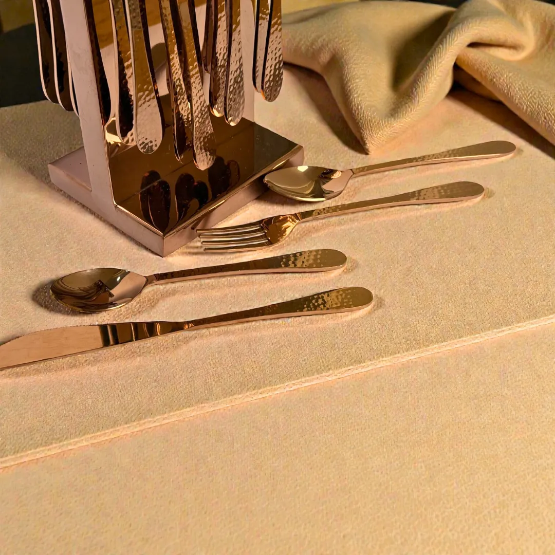 Harmiche Handbeaten Rose Gold Cutlery Set with Stand (24 Pc) Stainless Steel Flatware Set for 6