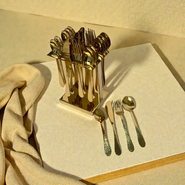 Harmiche Handbeaten Gold Cutlery Set with Stand (24 Pc) Stainless Steel Flatware Set for 6 | Spoons Forks Knives Teaspoons