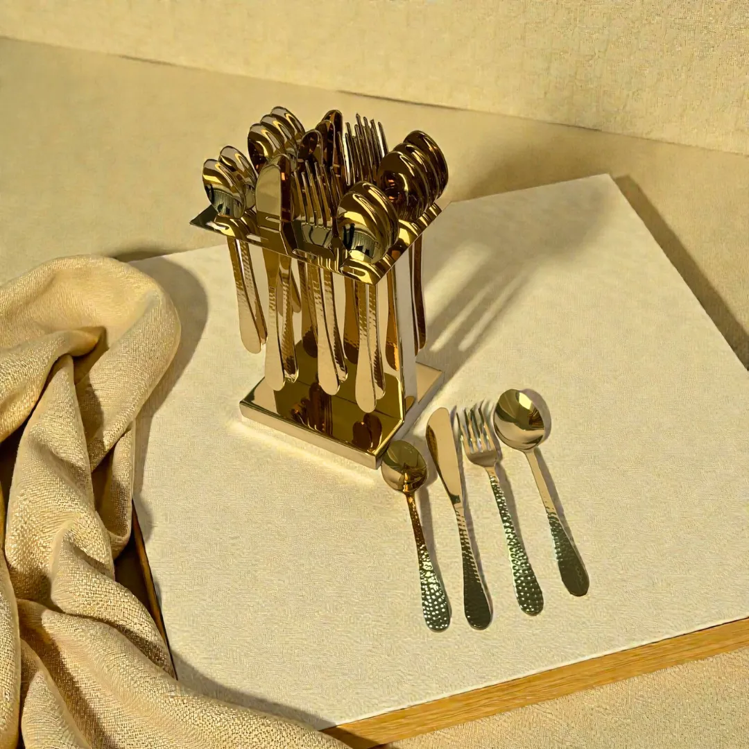 Harmiche Handbeaten Gold Cutlery Set with Stand (24 Pc) Stainless Steel Flatware Set for 6 | Spoons Forks Knives Teaspoons