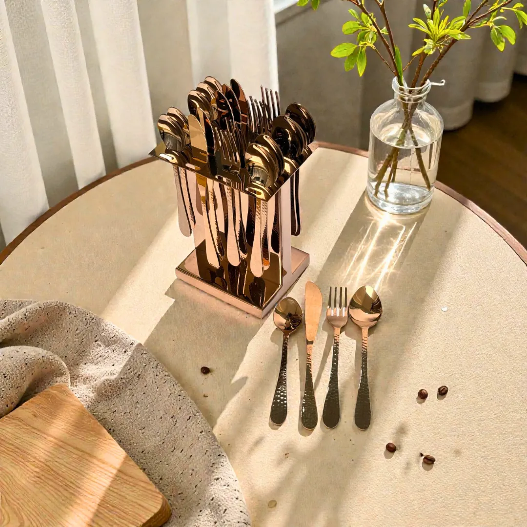 Harmiche Handbeaten Rose Gold Cutlery Set with Stand (24 Pc) Stainless Steel Flatware Set for 6