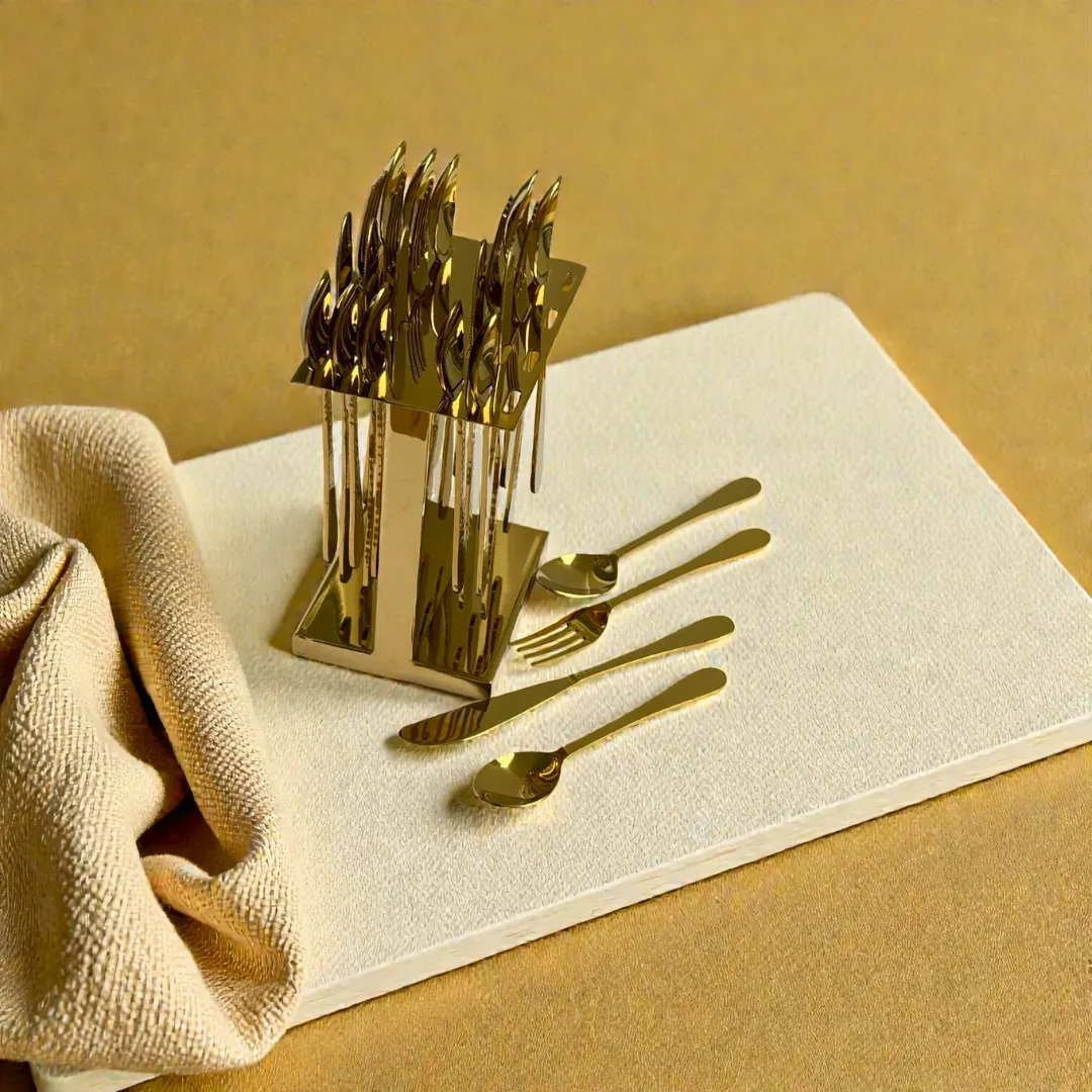 Harmiche Handbeaten Gold Cutlery Set with Stand (24 Pc) Stainless Steel Flatware Set for 6 | Spoons Forks Knives Teaspoons