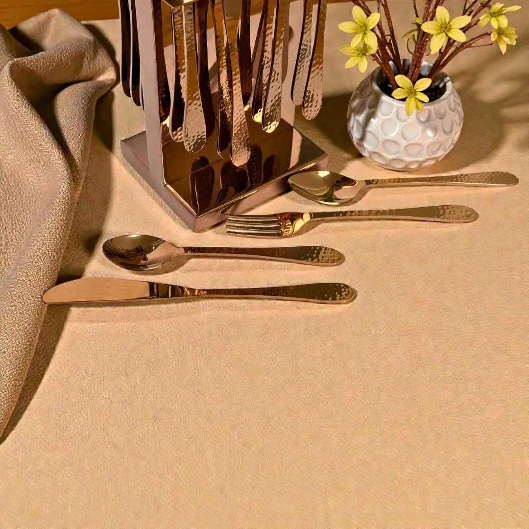 Harmiche Handbeaten Rose Gold Cutlery Set with Stand (24 Pc) Stainless Steel Flatware Set for 6