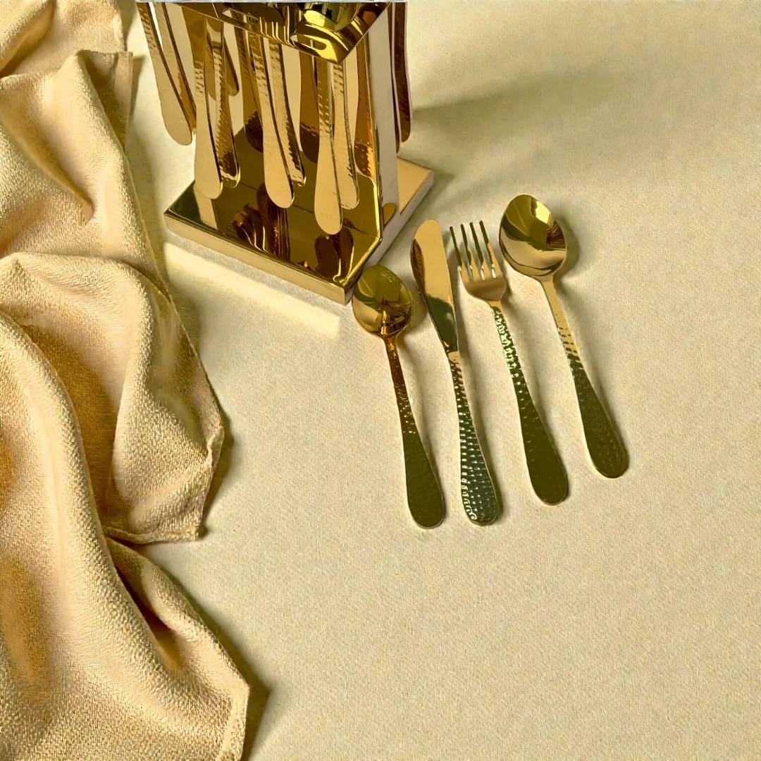 Harmiche Handbeaten Gold Cutlery Set with Stand (24 Pc) Stainless Steel Flatware Set for 6 | Spoons Forks Knives Teaspoons