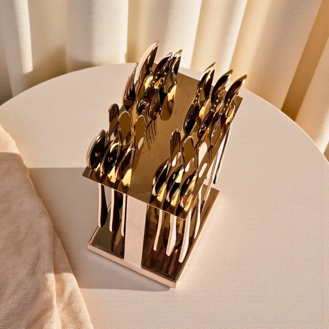 Harmiche Handbeaten Rose Gold Cutlery Set with Stand (24 Pc) Stainless Steel Flatware Set for 6