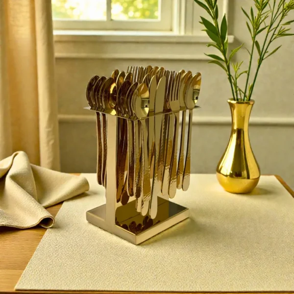 Harmiche Handbeaten Gold Cutlery Set with Stand (24 Pc) Stainless Steel Flatware Set for 6 | Spoons Forks Knives Teaspoons