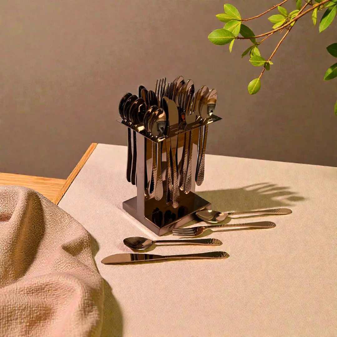 Harmiche Handbeaten Rose Gold Cutlery Set with Stand (24 Pc) Stainless Steel Flatware Set for 6
