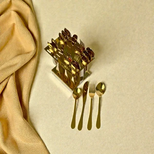 Harmiche Handbeaten Gold Cutlery Set with Stand (24 Pc) Stainless Steel Flatware Set for 6 | Spoons Forks Knives Teaspoons