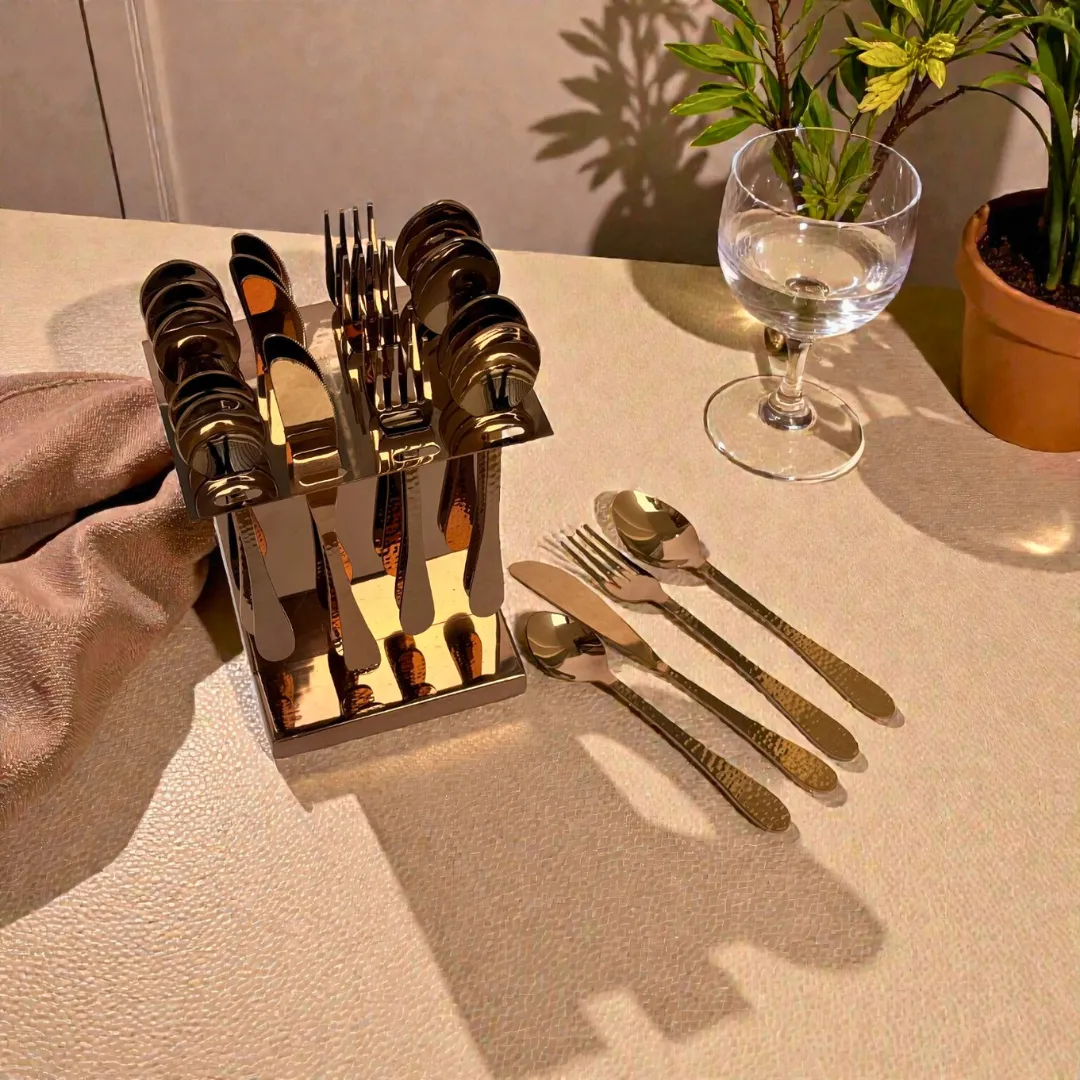 Harmiche Handbeaten Rose Gold Cutlery Set with Stand (24 Pc) Stainless Steel Flatware Set for 6