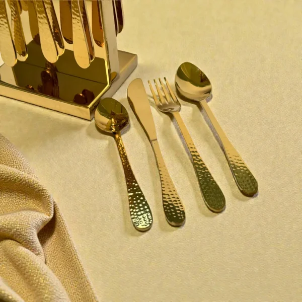Harmiche Handbeaten Gold Cutlery Set with Stand (24 Pc) Stainless Steel Flatware Set for 6 | Spoons Forks Knives Teaspoons