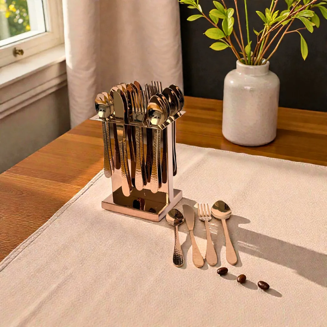 Harmiche Handbeaten Rose Gold Cutlery Set with Stand (24 Pc) Stainless Steel Flatware Set for 6