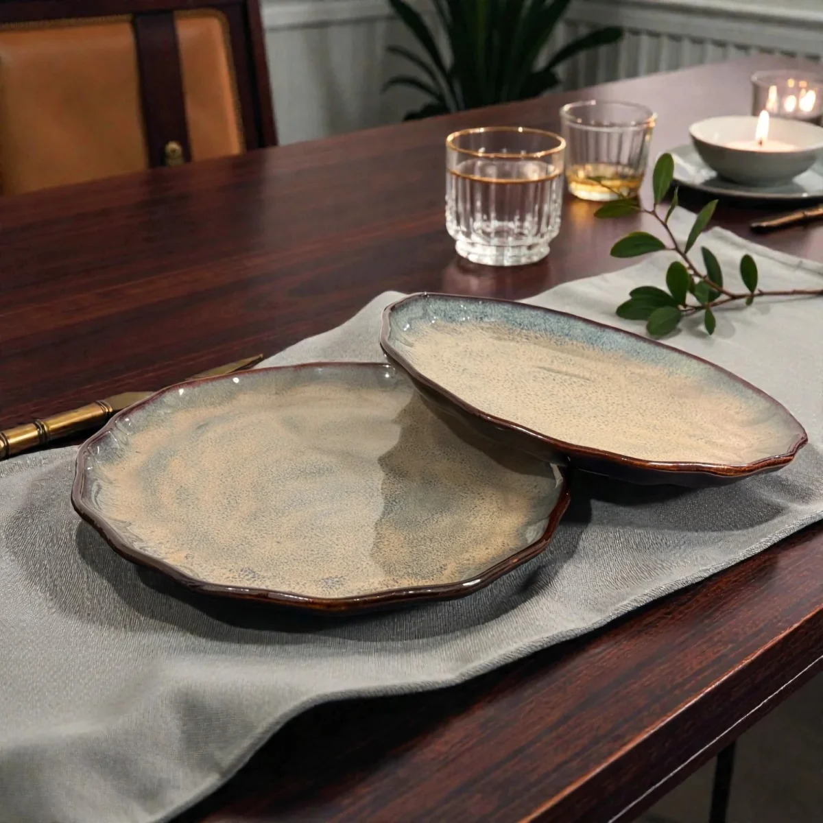 Harmiche DuneRipple 10” Speckled Ceramic Dinner Plates – Set of 2 | Wavy Rim, Uneven Artisanal Surface
