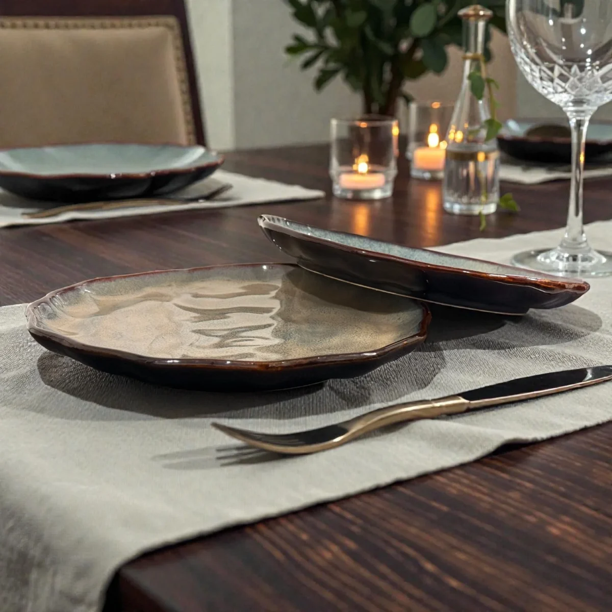 Harmiche DuneRipple 10” Speckled Ceramic Dinner Plates – Set of 2 | Wavy Rim, Uneven Artisanal Surface