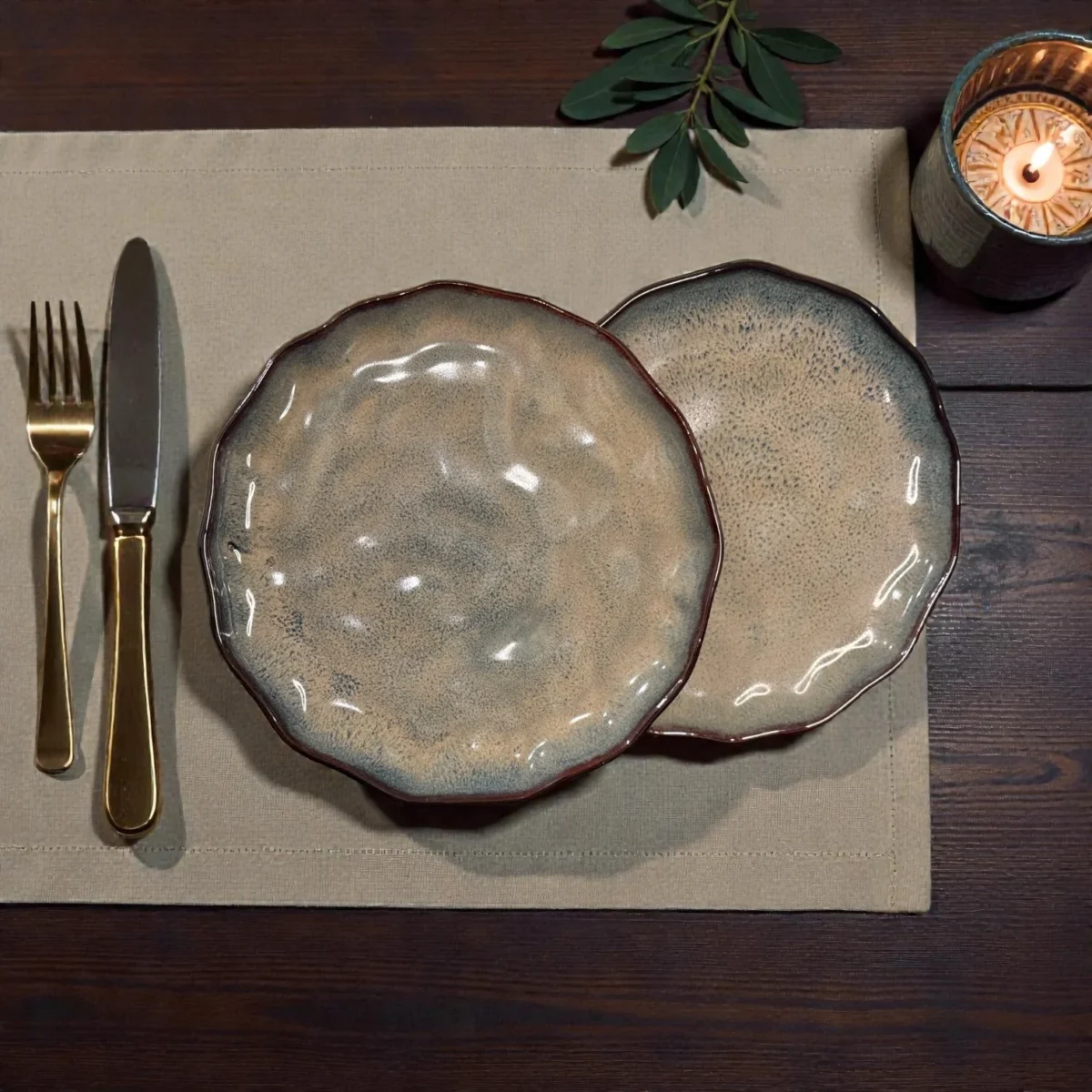 Harmiche DuneRipple 10” Speckled Ceramic Dinner Plates – Set of 2 | Wavy Rim, Uneven Artisanal Surface