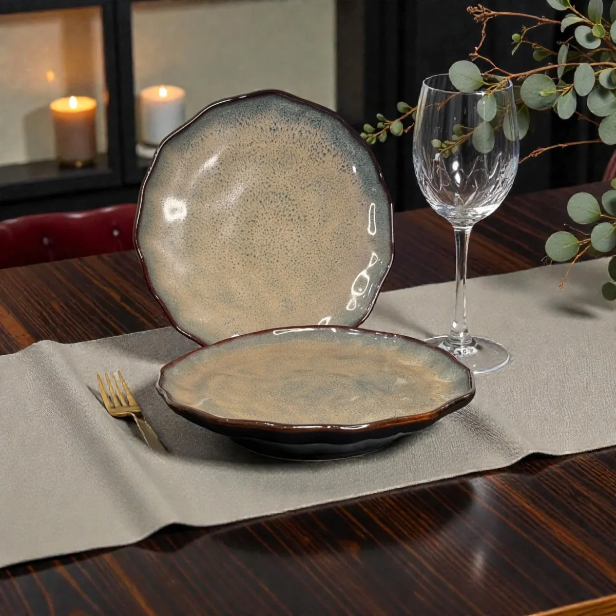 Harmiche DuneRipple 10” Speckled Ceramic Dinner Plates – Set of 2 | Wavy Rim, Uneven Artisanal Surface
