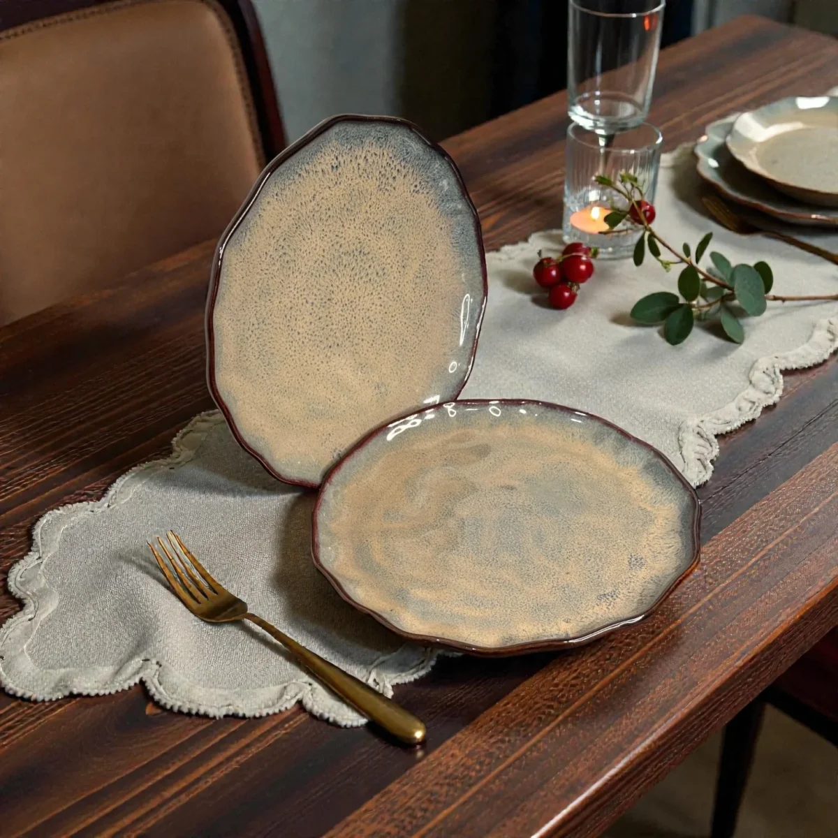 Harmiche DuneRipple 10” Speckled Ceramic Dinner Plates – Set of 2 | Wavy Rim, Uneven Artisanal Surface