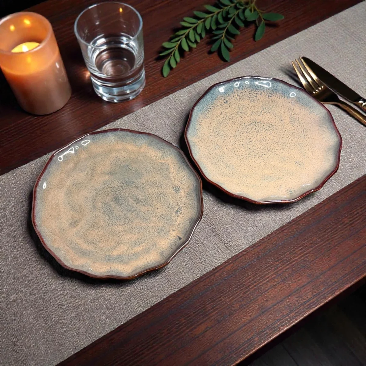 Harmiche DuneRipple 10” Speckled Ceramic Dinner Plates – Set of 2 | Wavy Rim, Uneven Artisanal Surface