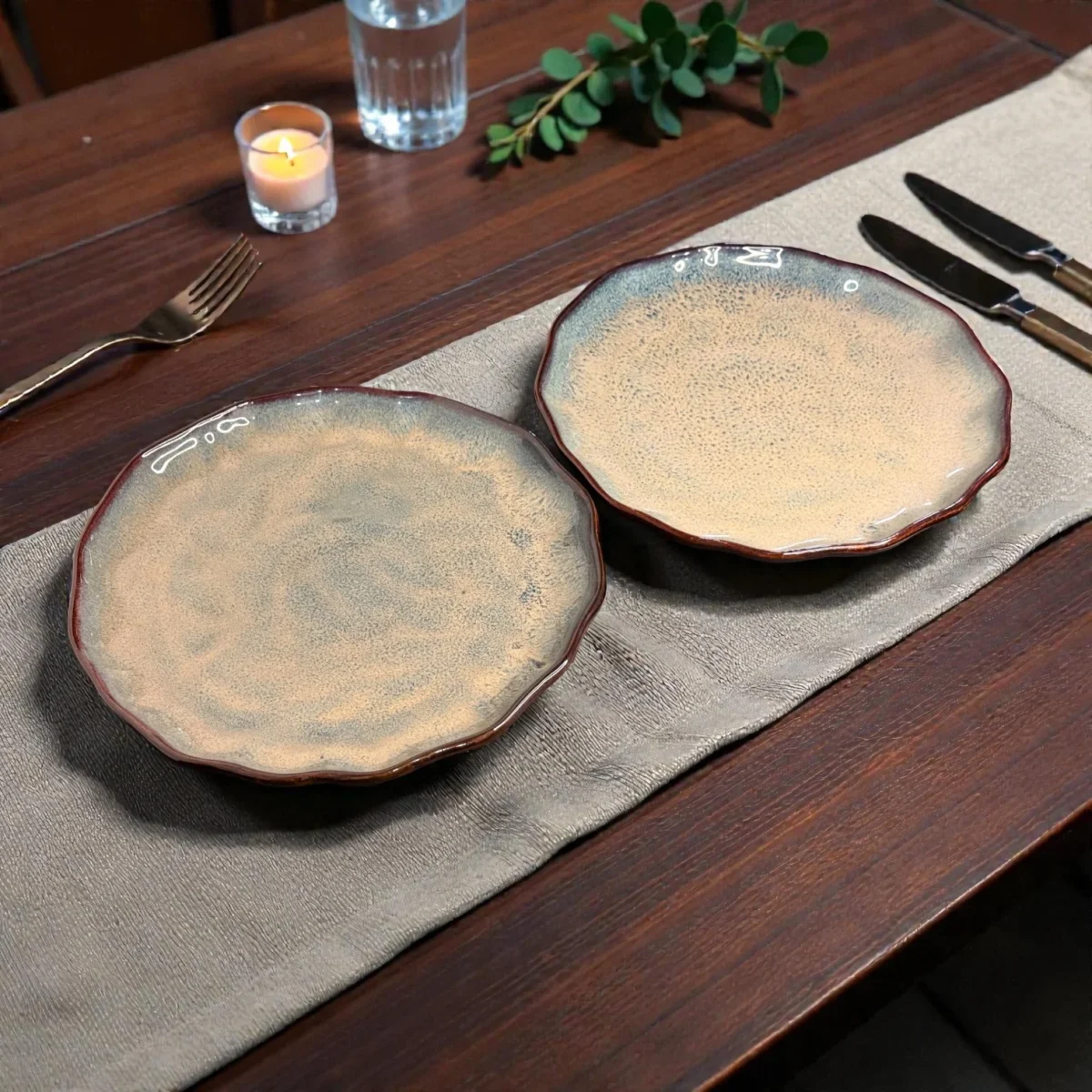 Harmiche DuneRipple 10” Speckled Ceramic Dinner Plates – Set of 2 | Wavy Rim, Uneven Artisanal Surface