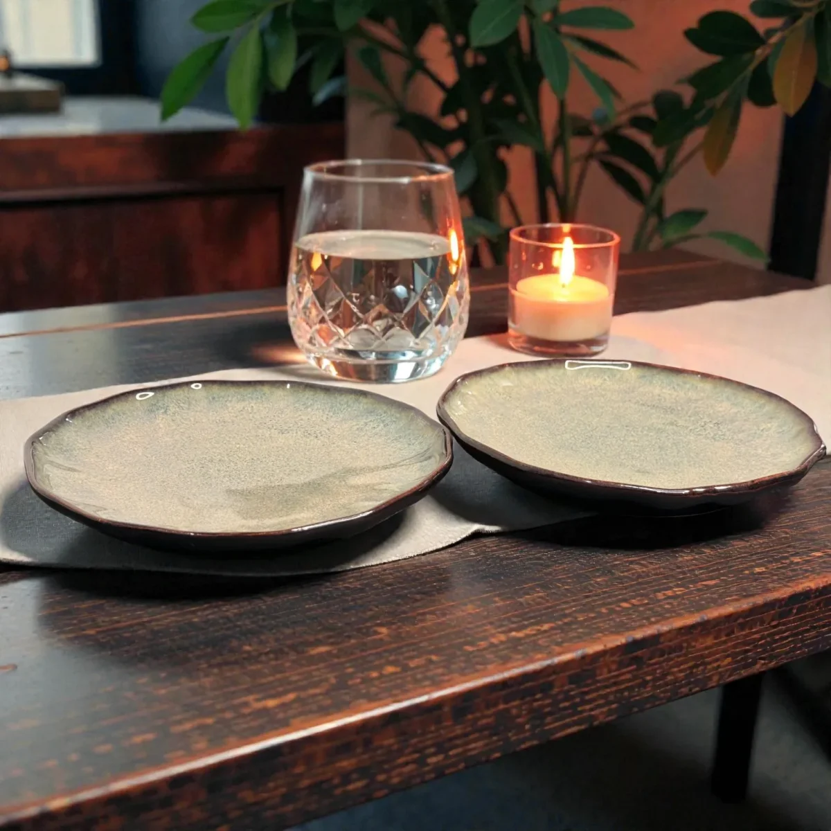 Harmiche DuneRipple 8” Speckled Ceramic Quarter Plates – Set of 2 | Wavy Rim, Uneven Artisanal Surface