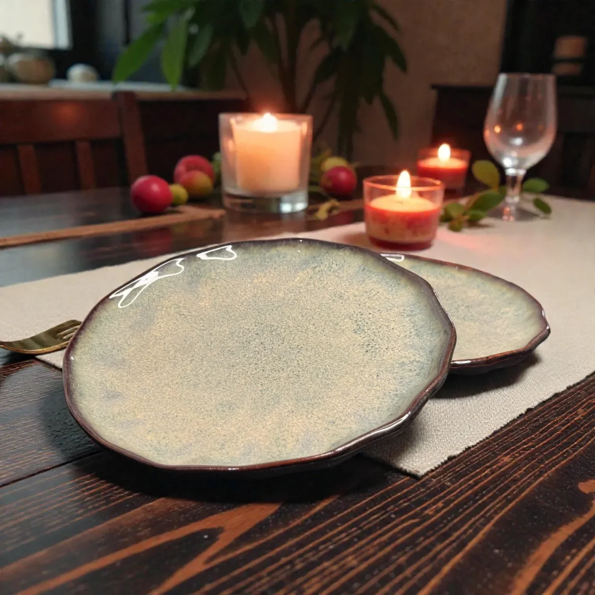 Harmiche DuneRipple 8” Speckled Ceramic Quarter Plates – Set of 2 | Wavy Rim, Uneven Artisanal Surface
