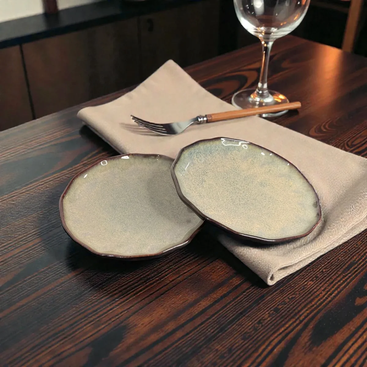 Harmiche DuneRipple 8” Speckled Ceramic Quarter Plates – Set of 2 | Wavy Rim, Uneven Artisanal Surface