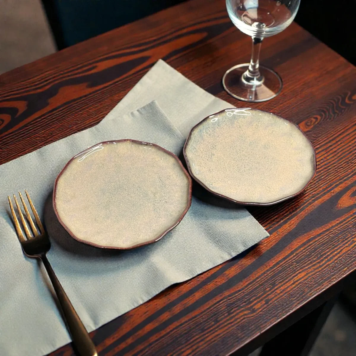 Harmiche DuneRipple 8” Speckled Ceramic Quarter Plates – Set of 2 | Wavy Rim, Uneven Artisanal Surface