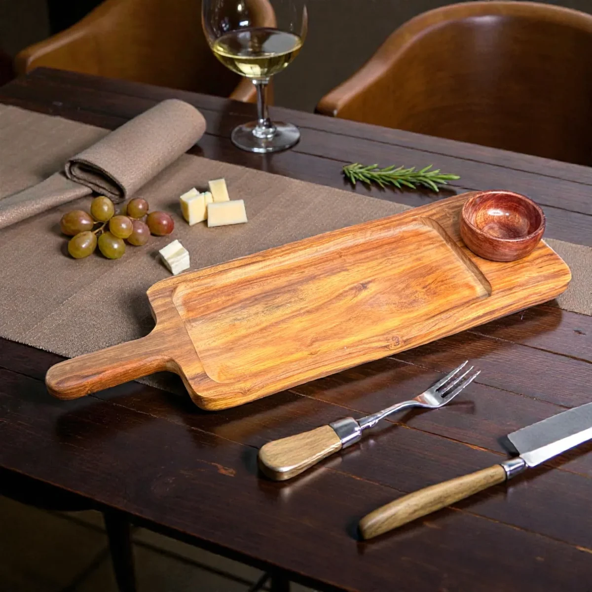 Harmiche LuxeServe Magnetic Dip Platter with Removable Wooden Dip Bowl | 36 × 14.5 cm (Wooden Serving Platter)