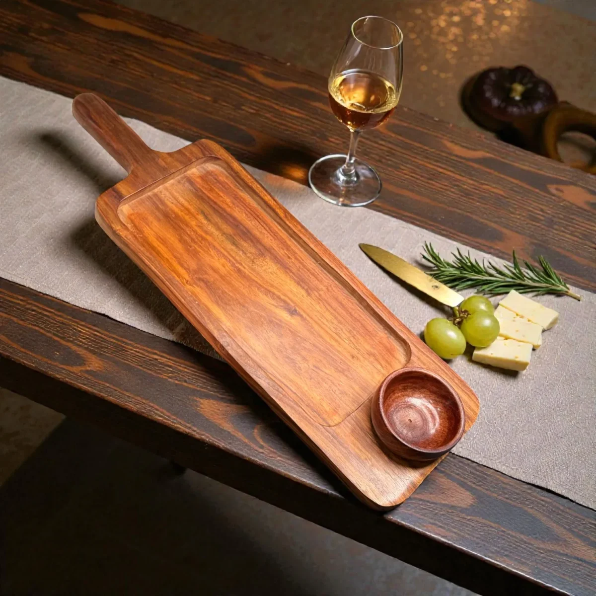 Harmiche LuxeServe Magnetic Dip Platter with Removable Wooden Dip Bowl | 36 × 14.5 cm (Platter Surface, excl. handle)