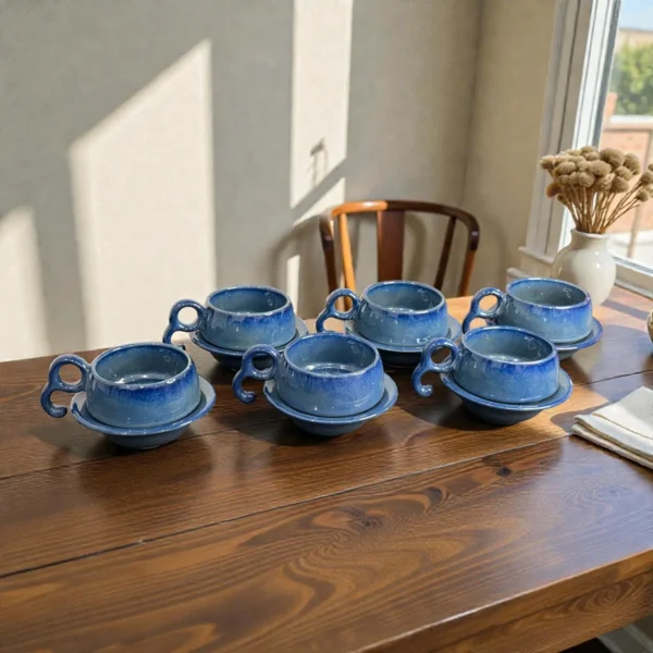 Harmiche Azure Ripple Blue Ceramic Cup and Saucer Set of 6 (140 ml)
