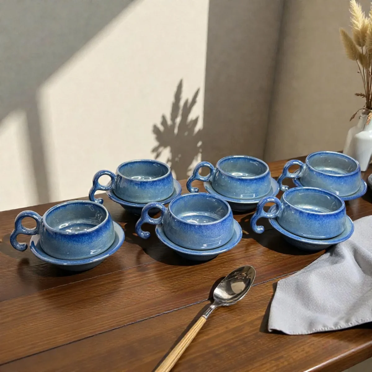 Harmiche Azure Ripple Blue Ceramic Cup and Saucer Set of 6 (140 ml)