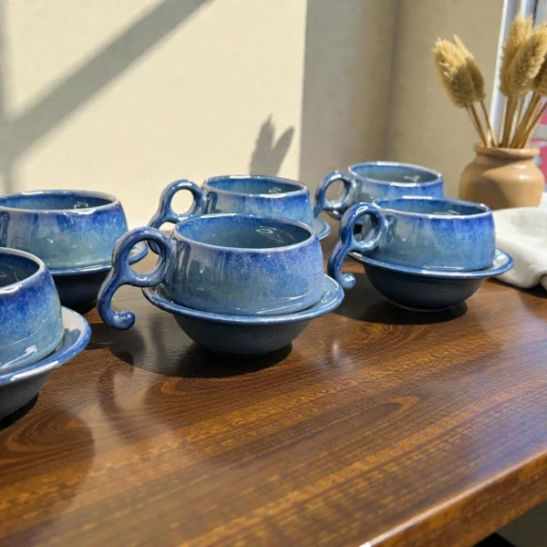 Harmiche Azure Ripple Blue Ceramic Cup and Saucer Set of 6 (140 ml)