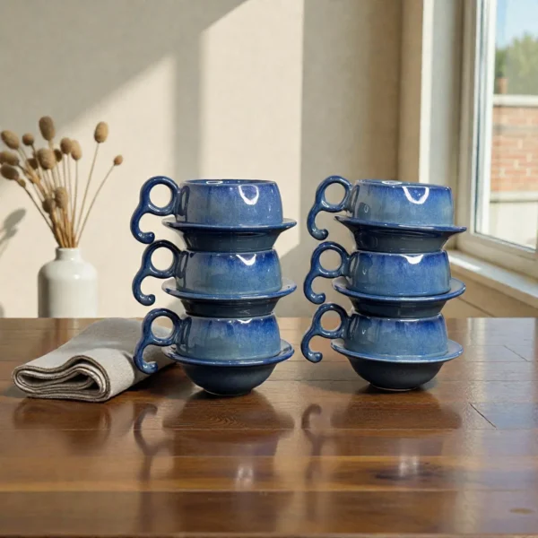 Harmiche Azure Ripple Blue Ceramic Cup and Saucer Set of 6 (140 ml)