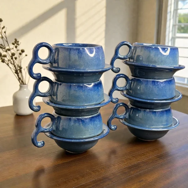 Harmiche Azure Ripple Blue Ceramic Cup and Saucer Set of 6 (140 ml)