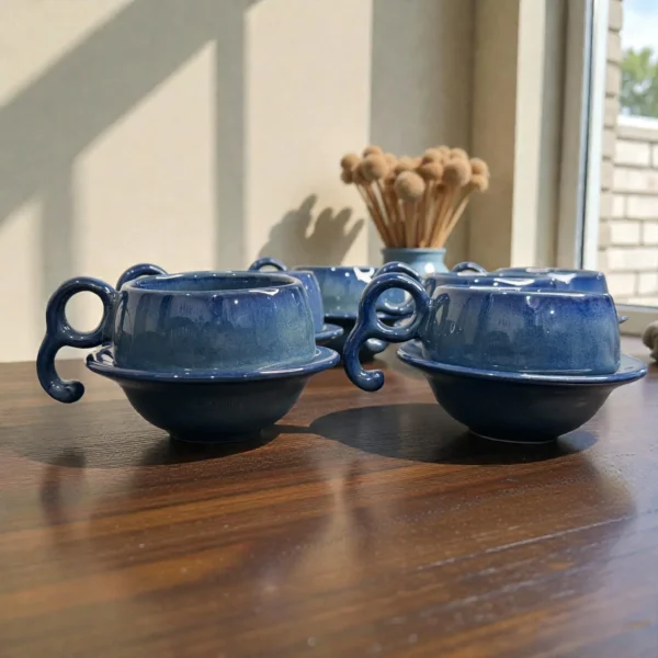 Harmiche Azure Ripple Blue Ceramic Cup and Saucer Set of 6 (140 ml)