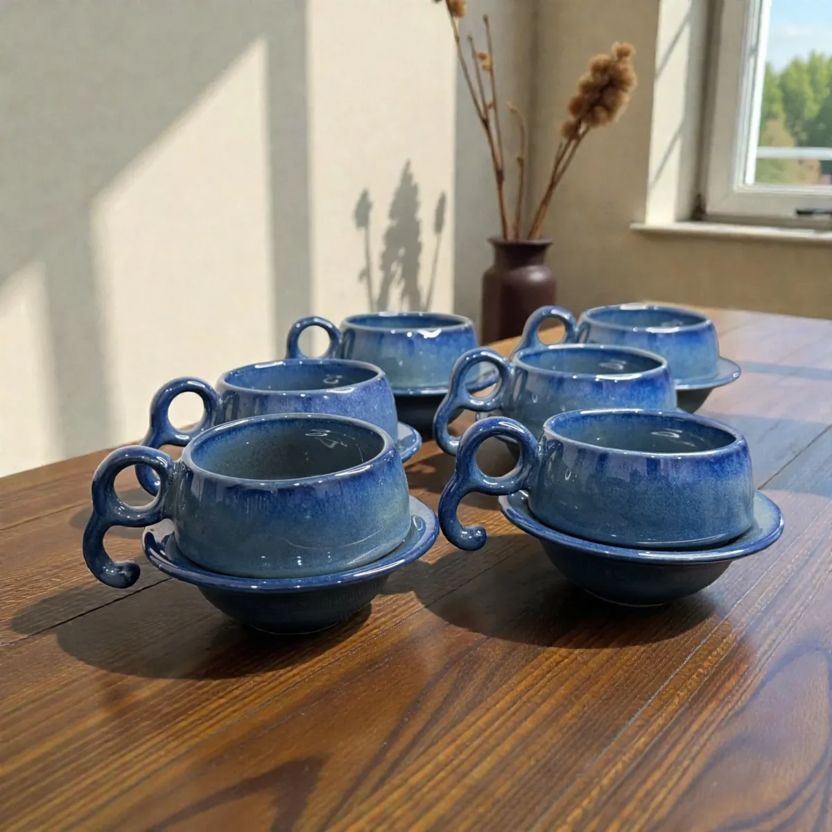 Harmiche Azure Ripple Blue Ceramic Cup and Saucer Set of 6 (140 ml)