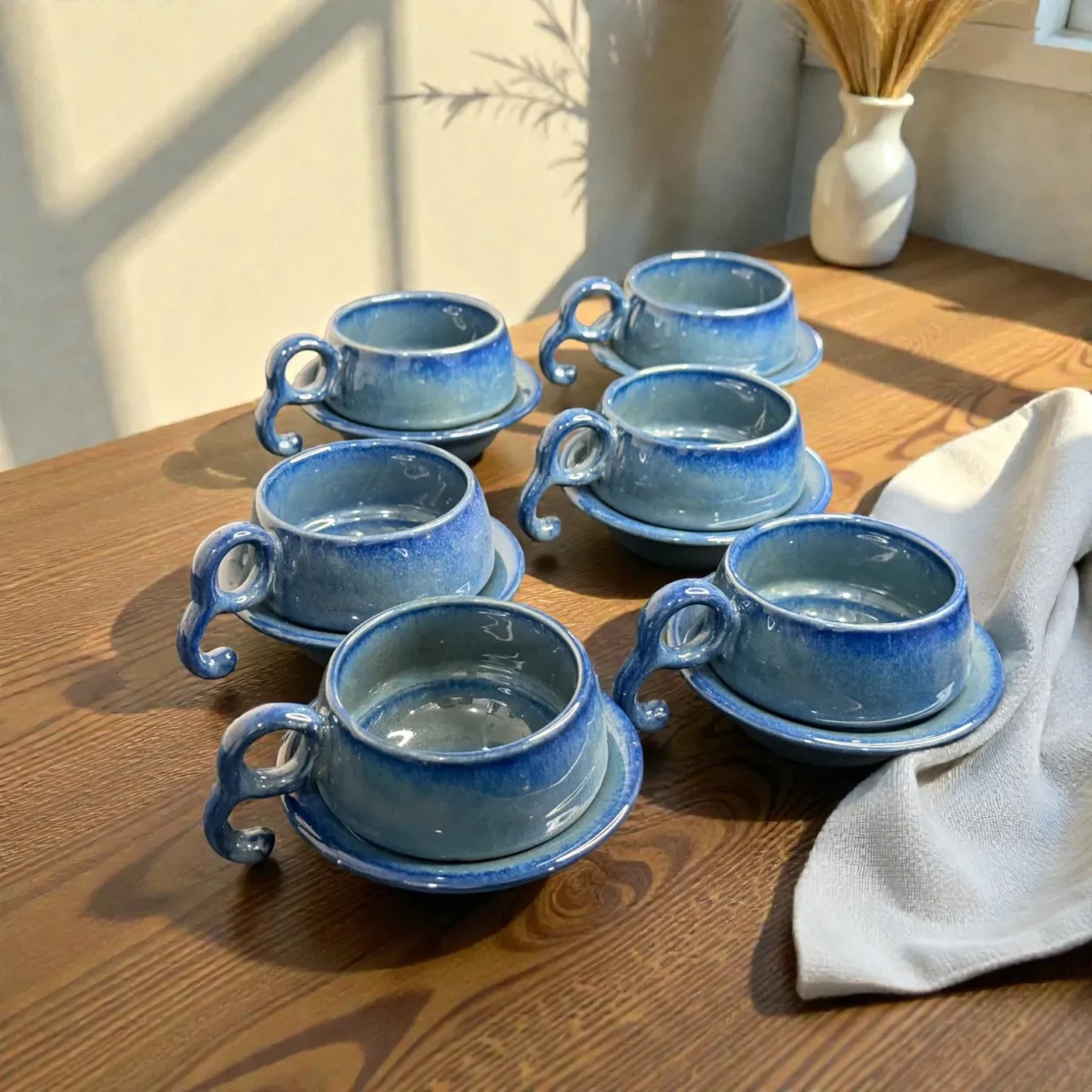 Harmiche Azure Ripple Blue Ceramic Cup and Saucer Set of 6 (140 ml)