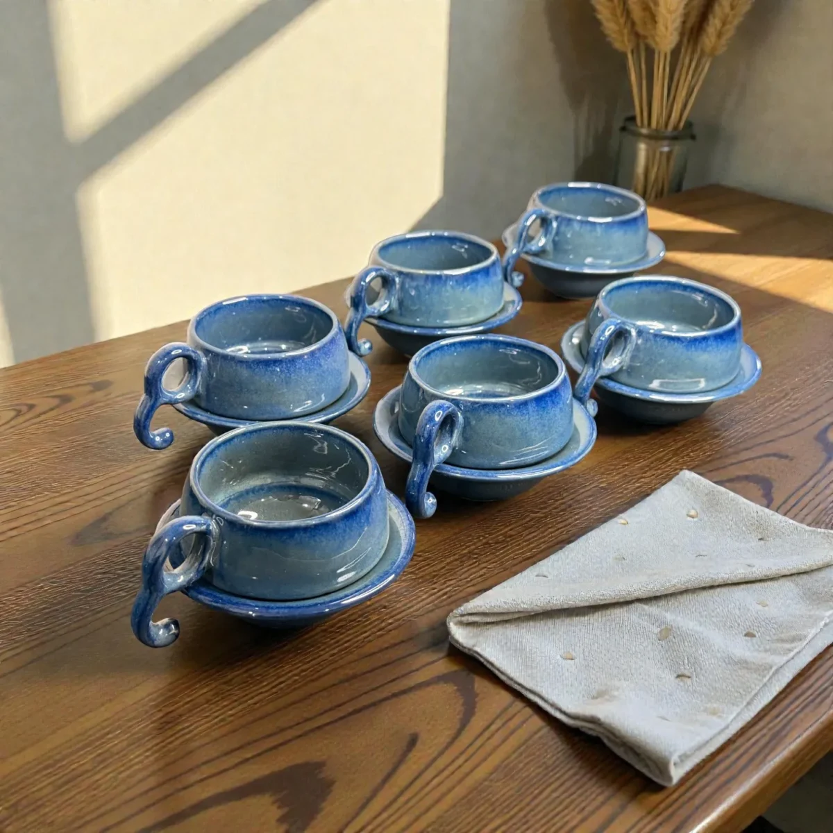 Harmiche Azure Ripple Blue Ceramic Cup and Saucer Set of 6 (140 ml)