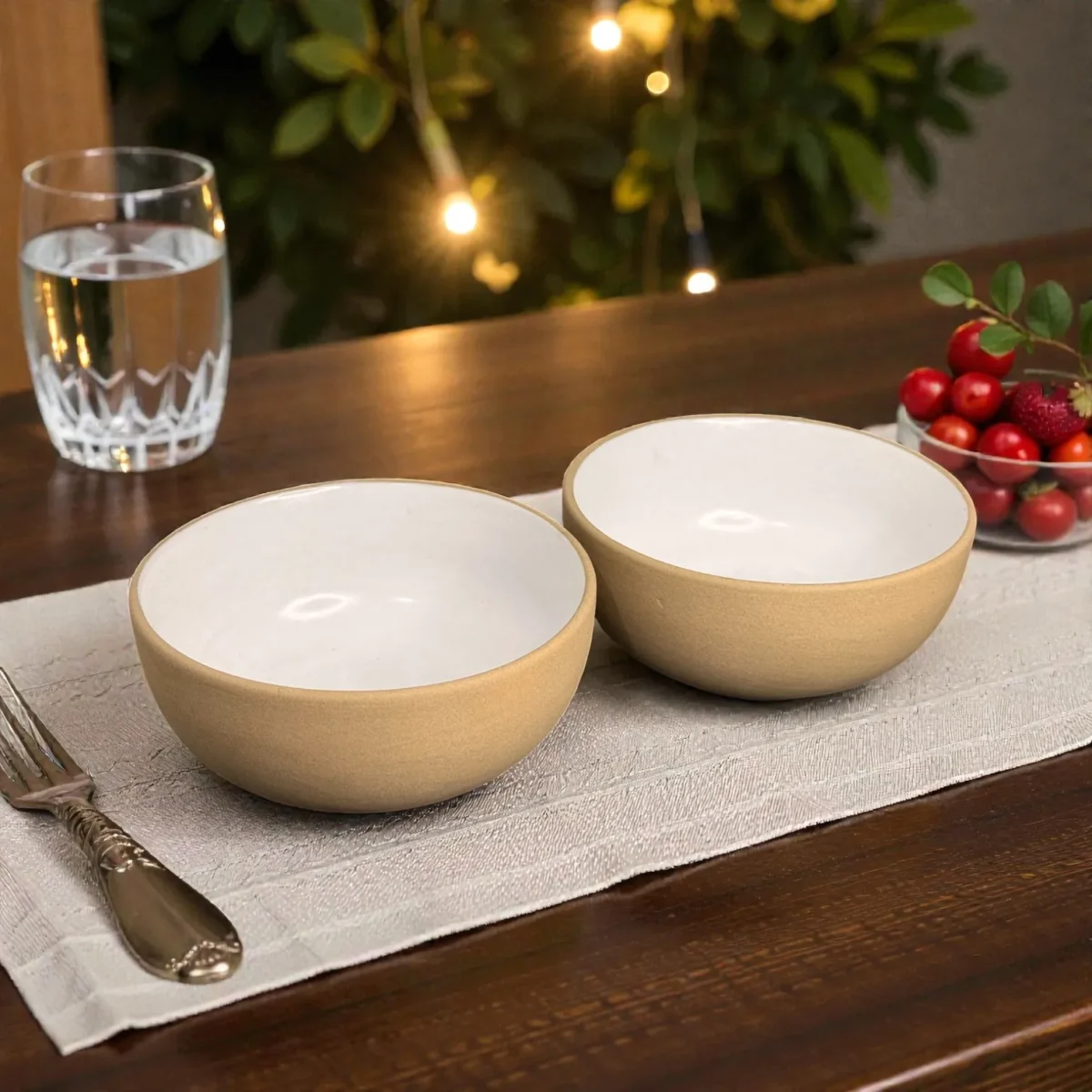 Harmiche SandDune 700 ml Ceramic Serving Bowl Set of 2 – Matte Beige Outside, White Glazed Inside